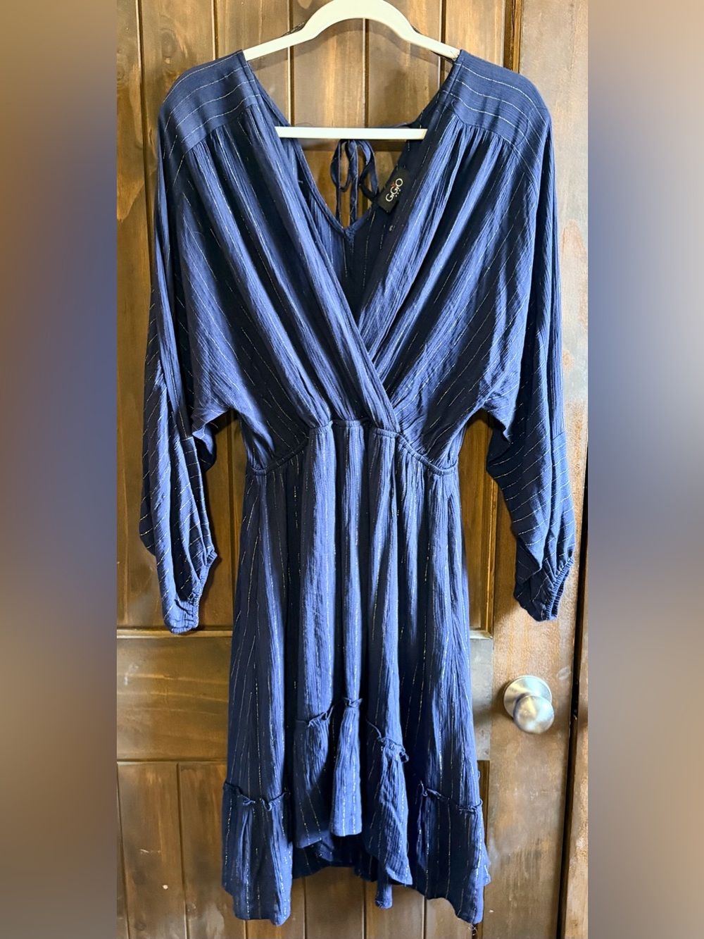 Women's Navy Wrap Dress with Subtle Metallic Threads